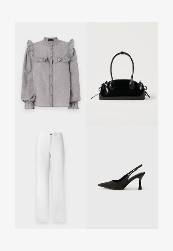 Blouse à carreaux noir et blanc avec des volants sur le buste, manches longues à volants avec des poignets élastiques et fermeture à boutons sur le devant.; Pantalons blancs à jambes droites avec une fermeture à bouton doré, un devant plat et une texture de tissu lisse. Aucun motif ni embellissement visible.; Chaussures à talons noires avec une bride, à bout pointu, finition mate lisse et talon fin brillant. Sangle ajustable avec petit détail de boucle.; Petit sac à main noir brillant avec deux longues anses et des détails à cordon sur les côtés sur un fond clair uni.