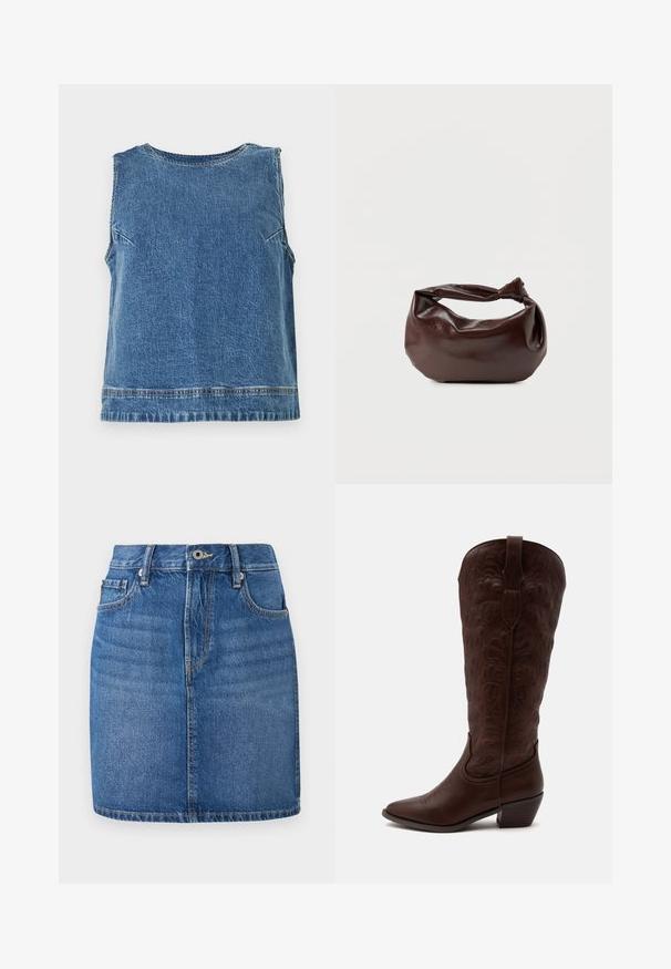 Denim ærmeløs top i mellemblå med rund hals. Har subtil tekstur og en lige kant, med minimale syningsdetaljer.; Denim nederdel i blå, lige skæring med taljebånd, forlommer og en falmet finish. Har kontrast syninger og lynlås til åbning.; Høj brun læder cowboystøvle med detaljerede sømme, en spids tå og en blok hæl på en ensartet lys baggrund.; Mørkebrun læder skuldertaske med en blød, afslappet form og et snoet knudehåndtag på en ensartet hvid baggrund.