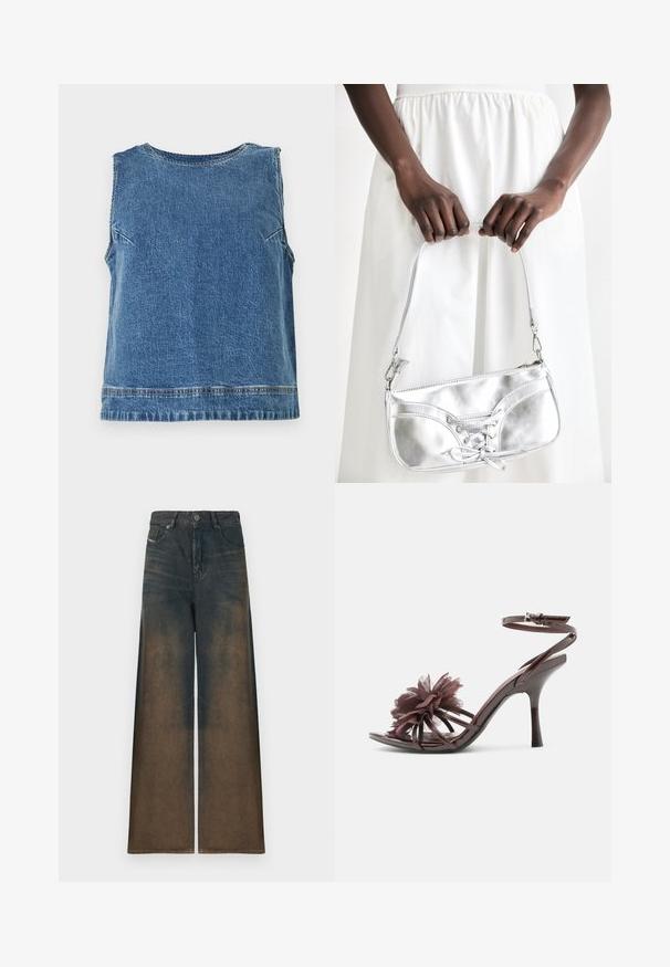 Spijkerstof mouwloos topje in middelblauw met een ronde hals. Heeft een subtiele textuur en een rechte zoom, met minimale stikdetails.; Wijd been jeans in donkerdenim, met een gradient vervaging van donker naar lichtbruin, voorzien van een klassiek vijf-pocket ontwerp en metalen knoopsluiting.; Bruine hooggehakte sandaal van lakleer met enkelriem en grote stoffen bloem als detail op de voorste banden.; Zilveren metalen handtas met vetersluiting, met een strak ontwerp en een korte schouderriem. De tas wordt vastgehouden in de handen, waardoor de textuur goed tot zijn recht komt.
