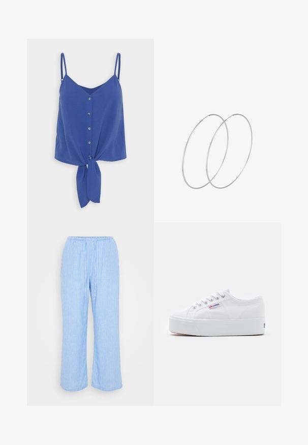 ONLY ONLMETTE STRAP BUTTON - Top - dazzling blue; Lichtblauwe gestreepte broek, gemaakt van zachte stof, met een elastische tailleband, trekkoord en brede, cropped pijpen.; Witte canvas sneaker met een dikke witte platformzool, ronde neus en metalen oogjes voor veters. Merkl logo aan de zijkant weergegeven.; Zilveren hoepel oorbellen met een minimalistisch ontwerp. Cirkelvormig, gladde textuur en dun profiel. Lichtgewicht met een gepolijste afwerking.