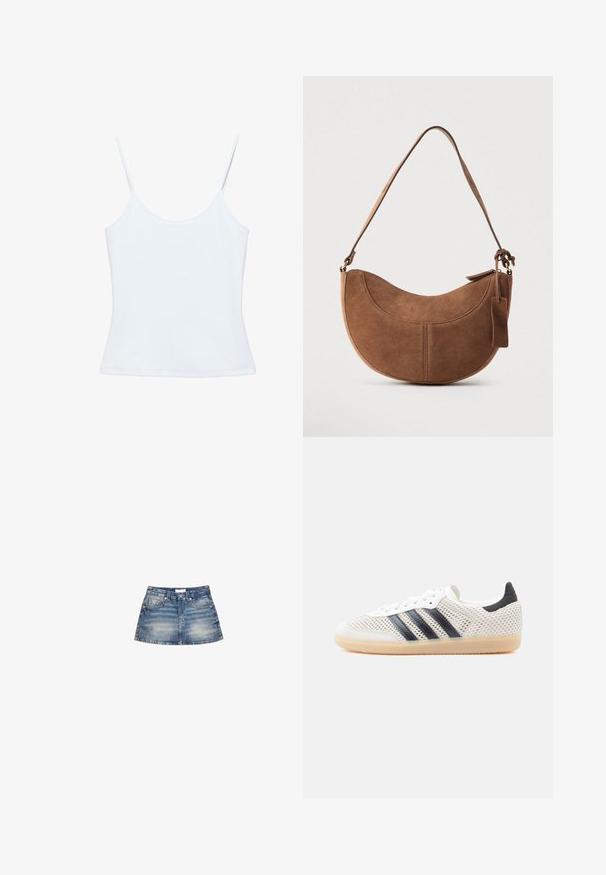 Hvid dame-camisole med tynde spaghettistropper og et tætsiddende, ensfarvet design.; Denim mini nederdel i lyseblå vask, med en tætsiddende talje, forlommer og en svungen kant med let falming og færdige kanter.; Hvide mesh-sneakers med sort tre-stribet design, rundet tå og gummisål. Har blød hælkant og snørelukning.; Brun ruskinds håndtaske med en buet, halvmåneformet silhuet. Har en skulderrem, et lille mærke og synlige sømme langs kanterne.