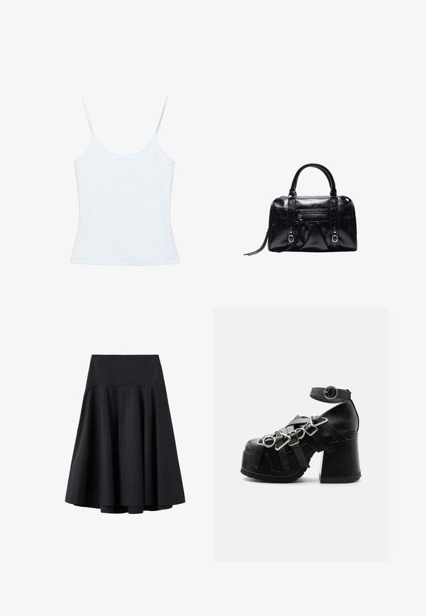 Camisole blanche pour femme avec fines bretelles spaghetti et un design ajusté et sobre.; Jupe noire taille haute en ligne A avec une large ceinture et un ourlet évasé, fabriquée en tissu lisse, présentée sur fond blanc.; Sandale noire à talon plateforme épais avec plusieurs brides à boucle argentée et une bride de cheville avec boucle ronde.; Sac à main en cuir noir brillant avec deux poignées, poche zippée à l'avant, détails avec boucle et bandoulière pour poignet sur fond blanc.