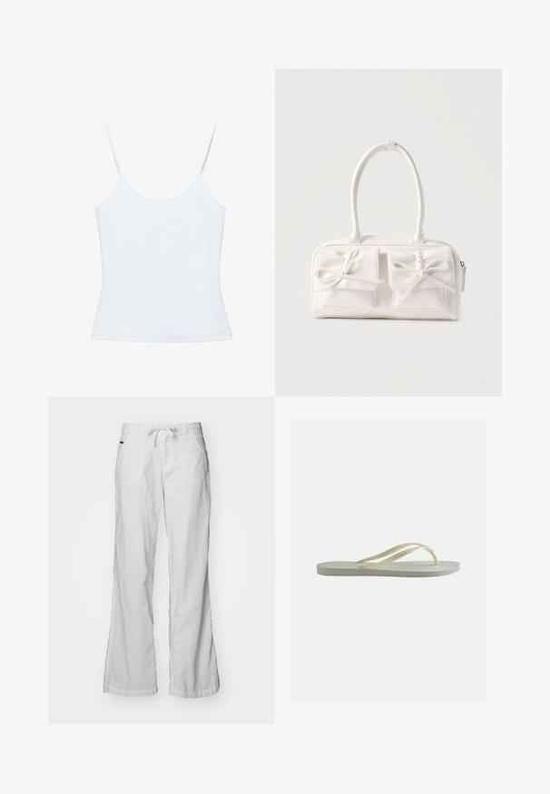 Hvid dame-camisole med tynde spaghettistropper og et tætsiddende, ensfarvet design.; Hvide linnedbukser med en afslappet pasform, snøre i taljen og to forlommer. Har brede ben og en subtil struktur.; Enkelt off-white gummiflipper med tynde remme og tekstureret fodseng set fra siden på ensfarvet baggrund.; Hvid syntetisk håndtaske med to forlommer, hver med en bundet sløjfedetalje. Glat tekstur, afrundede håndtag og lynlås lukning.