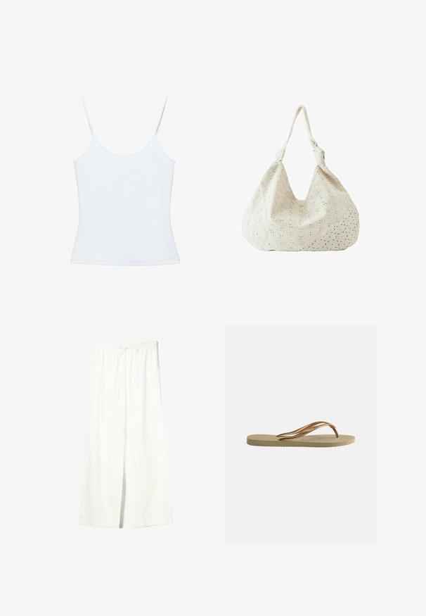 Witte dames-camisole met dunne spaghettibandjes en een aansluitend, eenvoudig ontwerp.; Witte linnen broek met brede pijpen, elastische tailleband en trekkoord, voorzien van zijzakken en een voorste split.; Beige teenslipper met gestructureerde zool en bronzen metalen Y-vormige banden op een witte effen achtergrond.; Crèmekleurige stoffen schoudertas met oogjesbloemenborduursel en een enkele zachte band.