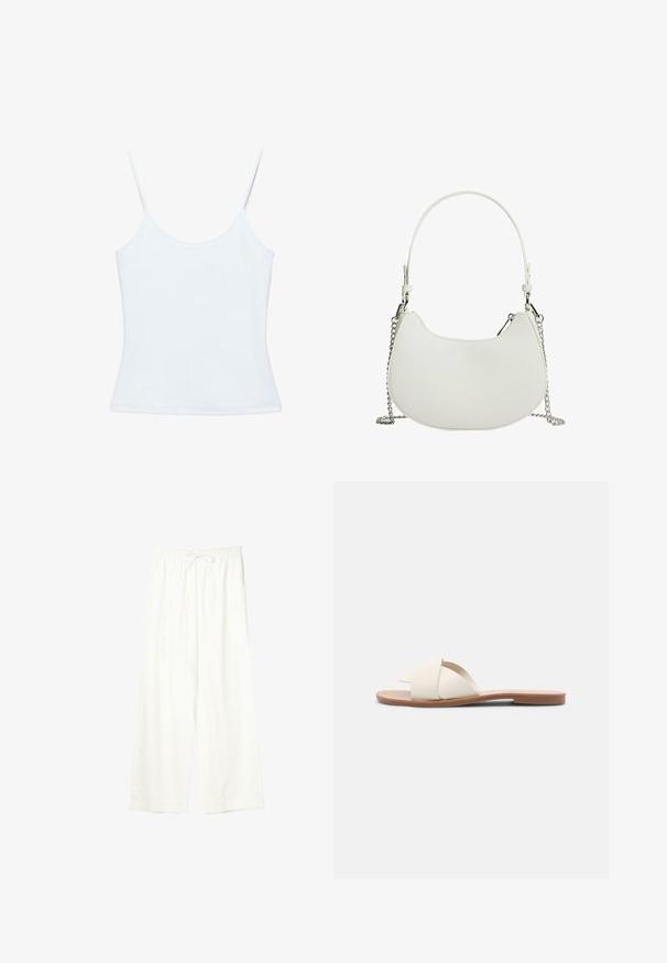 Camisole blanche pour femme avec fines bretelles spaghetti et un design ajusté et sobre.; Pantalon blanc à jambes larges avec taille élastique et cordon de serrage, en tissu léger.; Des sandales plates beige clair avec des brides croisées, une tige synthétique lisse et une semelle en caoutchouc plate marron. Aucune ornementation ni motif.; Sac à main synthétique blanc de forme courbée, avec une bandoulière en chaîne et un design minimaliste. Texture lisse avec des accents en métal argenté.
