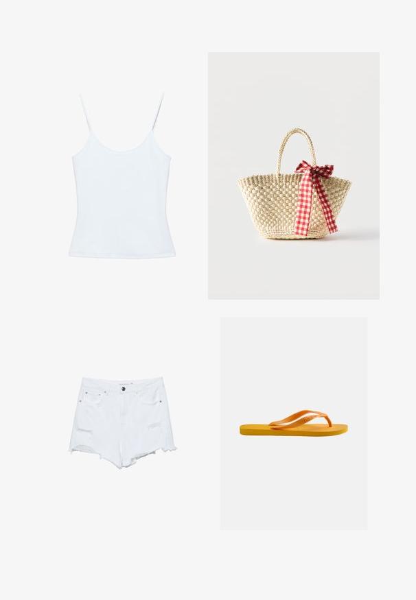 Camisole blanche pour femme avec fines bretelles spaghetti et un design ajusté et sobre.; Shorts en denim blanc avec un ourlet effiloché, dotés de deux poches avant, de détails déchirés et d'une fermeture à bouton.; Tongs jaunes avec semelle texturée et bandoulières en caoutchouc orange sur un fond gris clair uni.; Sac cabas en paille tissée avec des poignées tressées et un ruban à carreaux rouge et blanc noué en un nœud d'un côté.