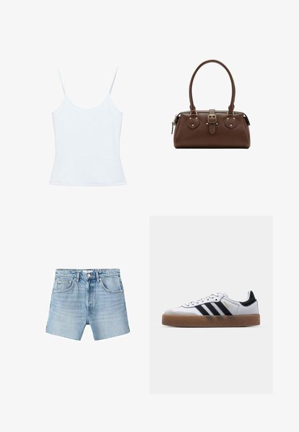 Camisole blanche pour femme avec fines bretelles spaghetti et un design ajusté et sobre.; Shorts en denim bleu clair avec une coupe droite, design à cinq poches, quincaillerie en métal et légère décoloration. Le tissu a une texture lisse.; Baskets en cuir blanc avec des rayures noires, semelle extérieure en caoutchouc beige, bout rond, fermeture lacée et embout en suède gris doux.; Sac à main en cuir marron avec deux poignées, une sangle centrale à boucle et des ferrures dorées, présenté sur fond blanc.