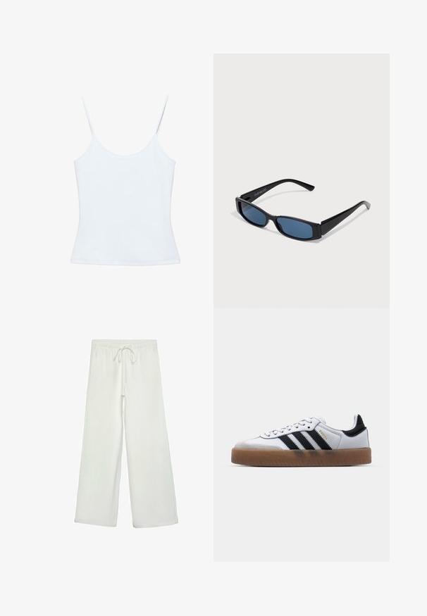 Camisole blanche pour femme avec fines bretelles spaghetti et un design ajusté et sobre.; Pantalons larges blancs en tissu doux. Dotés d'une taille élastique avec cordon de serrage et d'une texture lisse. Aucuns motifs visibles ni éléments en métal.; Baskets en cuir blanc avec des rayures noires, semelle extérieure en caoutchouc beige, bout rond, fermeture lacée et embout en suède gris doux.; Lunettes de soleil noires avec une monture rectangulaire élégante et des verres bleus. Présente une texture lisse et des branches robustes. Logo de la marque sur le côté.