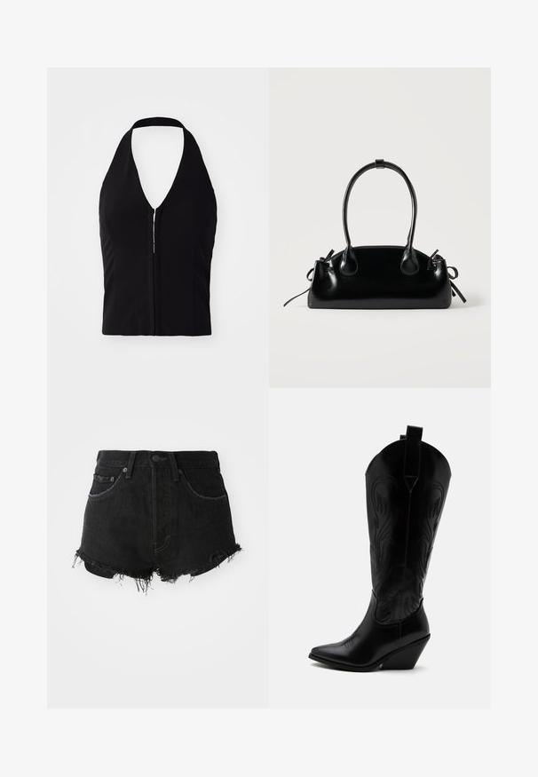 Sort halterneck-top med dyb V-hals, struktureret form og lynlåsdetalje foran. Glat stof uden synlige mønstre eller teksturer.; Sorte denim shorts med en frynset kant, klassisk fem-lomme design og metalknap lukning. Mor med høj talje og slidt tekstur.; Sort læder cowboystøvle med spidst tåparti, skråt blokhælhæl, dekorative sømme og trækstropper øverst mod hvid baggrund.; Lille sort blank håndtaske med to lange håndtag og snøre-detaljer i siden på en ensfarvet lys baggrund.