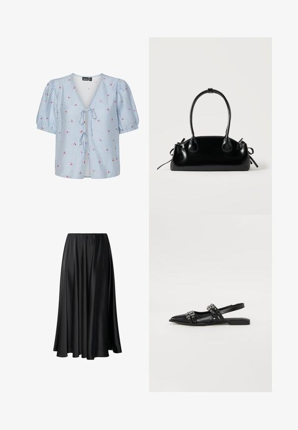 Blauw en witte gestreepte blouse met korte pofmouwen, een diepe V-hals, striksluiting aan de voorkant en rode bloemenaccenten overal.; Zwarte maxi rok van gladde stof, met een elastische tailleband, een volle silhouet en een vloeiende zoom zonder zichtbare patronen of details.; Even&Odd Slingback ballerina´s - black; Kleine zwarte glanzende handtas met twee lange hengsels en zijkant trekkoord details op een effen lichte achtergrond.