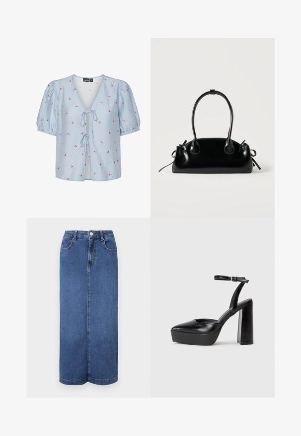 Blusa a rayas azul y blanca con mangas cortas abullonadas, escote en V profundo, cierre con lazo en el frente y detalles florales rojos en toda la prenda.; Falda larga de mezclilla en azul oscuro, con corte recto, cinturilla con cierre de botón y detalles de costura mínimos.; Zapatos de tacón negro con punta afilada y correa ajustable en el tobillo. Confeccionados en cuero suave, presentan un tacón grueso.; Pequeño bolso negro brillante con dos asas largas y detalles de cordón lateral sobre un fondo claro liso.