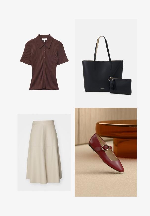 Chemise marron à manches courtes en maille côtelée avec col pointu, silhouette cintrée et sept boutons sur le devant.; Jupe midi beige en A avec coutures visibles et taille ajustée, réalisée en matériau lisse imitation cuir.; Chaussure plate Mary Jane en cuir rouge avec une bride à boucle argentée, posée sur un tapis beige près d'une table ronde marron.; Sac fourre-tout noir avec un matériau texturé, deux longues anses et une pochette zippée amovible avec un détail de pompon. Logo de la marque en orvisible.