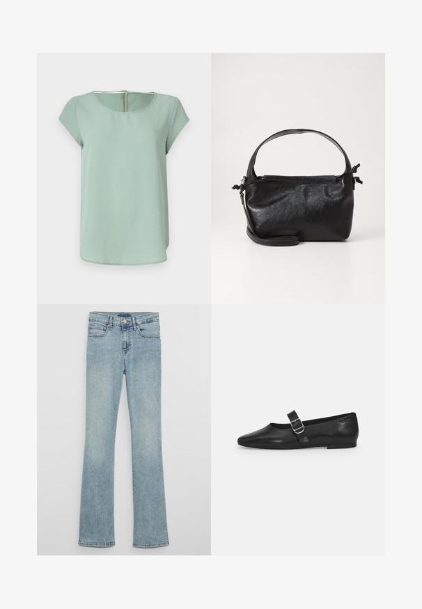 Lys grøn kortærmet bluse med rund halsudskæring og lynlås i ryggen. Fremstillet af glat stof, med en afslappet pasform og rene linjer.; Lyseblå denim jeans med vidde, højtaljede, med bæltestropper, forlommer og en falmet vasketekstur.; Sorte læder flade sko med rund tå, et enkelt justerbart spænde og en glat, blank overflade. Minimalistisk design med en lav hæl.; Sort læderhåndtaske med et struktureret design, rund tophåndtag og aftagelig skulderrem. Den har en glat tekstur og en subtil glans.