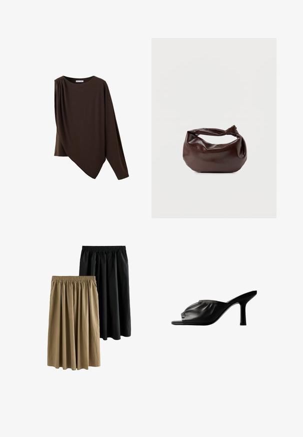 Asymmetrisk mørkebrun top med lange ærmer, rund halsudskæring og detaljeret rynkning på den ene skulder.; To knælange nederdele: en sort og en khaki. Begge har en elastisk talje og et flydende design med blødt, struktureret stof.; Sort læder mule med åben tå, med rynket overdel og slank mellemhøj stiletthæl, vist fra siden på hvid baggrund.; Mørkebrun læder skuldertaske med en blød, afslappet form og et snoet knudehåndtag på en ensartet hvid baggrund.