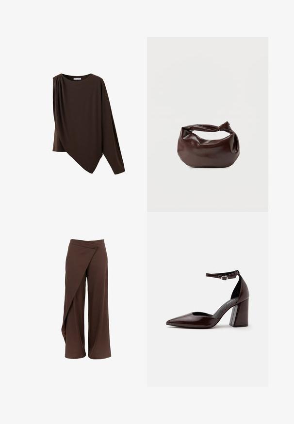 Asymmetrisches dunkelbraunes Langarm-Top mit rundem Ausschnitt und gerafftem Detail an einer Schulter.; Braune Weitbein-Hosen mit Wickeldesign, aus einem glatten, leichten Stoff gefertigt. Mit einem gefältelten Bund und einer fließenden Silhouette.; Dunkelbrauner Leder-Pumps mit spitzer Kappe, hohem Absatz, Knöchelriemen und silberner Schnalle auf weißem Hintergrund.; Dunkelbraune Lederschultertasche mit weicher, lockerer Form und einem gedrehten Knotengriff vor schlichtem weißem Hintergrund.