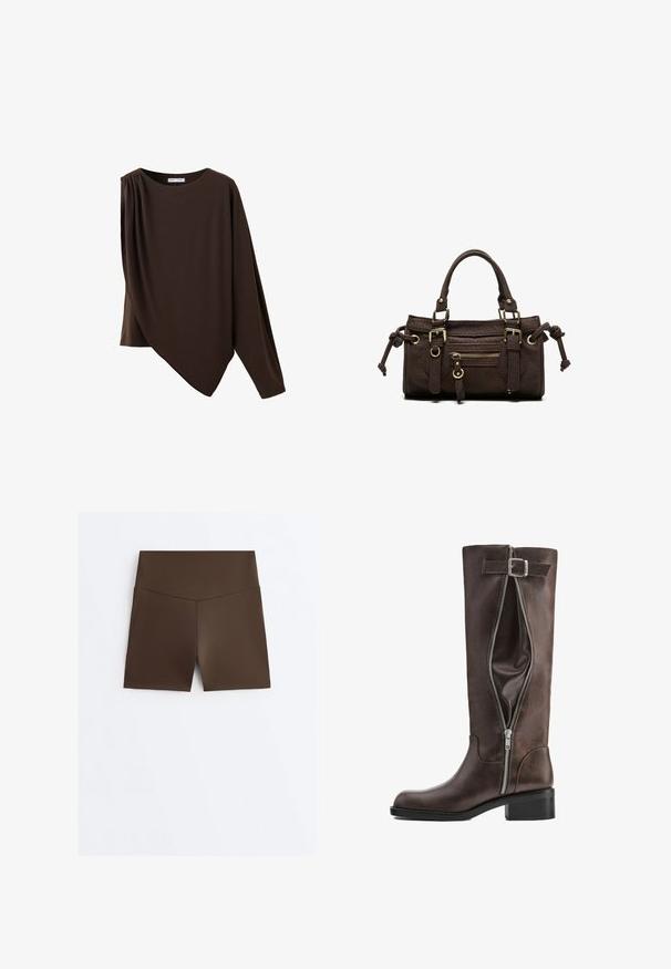 Asymmetrisches dunkelbraunes Langarm-Top mit rundem Ausschnitt und gerafftem Detail an einer Schulter.; Braune, hoch taillierte, enganliegende Sportshorts mit V-förmigem Nahtdetail am Bund, dargestellt vor weißem Hintergrund.; Hoher dunkelbrauner Lederstiefel mit seitlichem Reißverschluss, der teilweise geöffnet ist, und einem dekorativen Schnallenriemen nahe dem oberen Rand.; Dunkelbraune Lederhandtasche mit doppelten Griffen, vorderer Reißverschlusstasche, dekorativen Schnallen und seitlichen Knoten auf weißem Hintergrund.