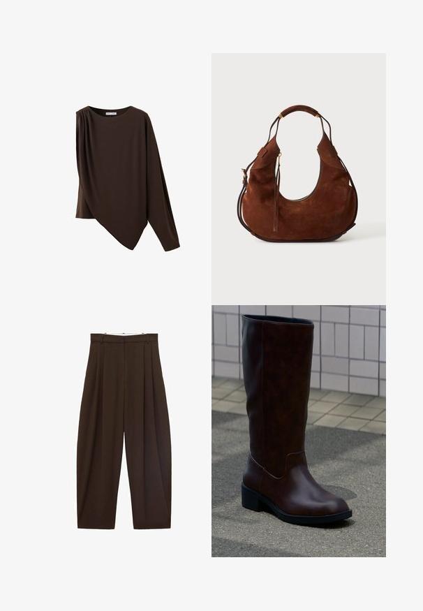 Top asimétrico de manga larga en marrón oscuro, con escote redondo y detalle fruncido en un hombro.; Pantalones de talle alto marrones con pliegues, hechos de tela suave. Corte holgado, diseño de pierna recta, con lazos para cinturón y cremallera.; Bota de cuero marrón oscuro hasta la mitad de la pierna con puntera redondeada y tacón bajo de bloque, sobre el pavimento cerca de una pared con azulejos.; Bolso de mano de ante marrón en forma de media luna con doble asa, cierre de cremallera y detalles dorados sobre fondo blanco.