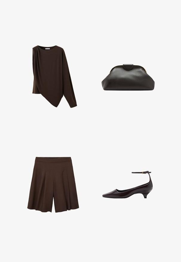 Asymmetrisk mørkebrun top med lange ærmer, rund halsudskæring og detaljeret rynkning på den ene skulder.; Brune plisede shorts med høj talje. Stoffet ser glat og let ud og har dybe, rene folder for en blød silhuet.; Mørkebrune spidse læder kitten heel sko med en tynd ankelrem og en lille guldbeslag.; Blød sort læder clutch taske med en rundet ramme og en lille lukning i toppen midt på.