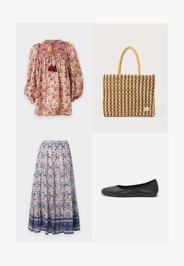 Bloes met bloemenmotief in lichtgewicht perzikkleurige stof. Beschikt over poffende mouwen, geborduurde halslijn en kwastdetails. Kleurrijke bloemmotieven overal.; Florale maxi rok met een grijze achtergrond, versierd met roze en blauwe bloemen, gelaagd ontwerp en een marineblauwe patroonrand. Elastische tailleband.; Zwarte leren ballerina met een ronde neus, gladde textuur, minimale stikdetails en een flexibele zoolontwerp.; Geweven tas in bruin en geel, met een rechthoekige vorm, twee handvatten en een textuurafwerking met zichtbare stiksels en een merketiket.