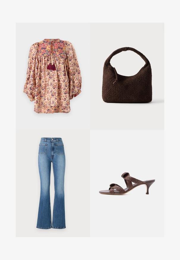 Blomstret skjorte i let, ferskenfarvet stof. Har puffede ærmer, broderet halsudskæring og kvastdetaljer. Farverige blomstermønstre over det hele.; Bredde blå denim jeans med høj talje, der har to baglommer og en falmet vask. Nederkanten er syet med et subtilt design.; Brun vævet læder-sandal med to remme og en lav kittenhæle på en ensfarvet hvid baggrund.; Brun flettet håndtaske med rundt håndtag, lavet af tekstureret materiale. Har lynlås lukning og en lille logo detalje.