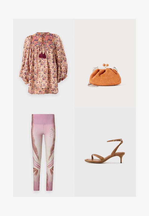 Blouse florale en tissu léger couleur pêche. Présente des manches bouffantes, un col brodé et des détails à franges. Motifs de fleurs colorées sur l'ensemble.; Leggings roses avec un dégradé de clair à foncé, ornés de motifs floraux et d'accents décoratifs sur les côtés. Texture lisse.; Sandale en cuir marron avec lanières, talon bas en forme de petit escarpin et bride à la cheville avec une petite boucle, vue de côté sur un fond uni.; Petit sac pochette tissé orange avec cadre en métal argenté, fermoir rond et bandoulière chaîne argentée sur fond blanc.