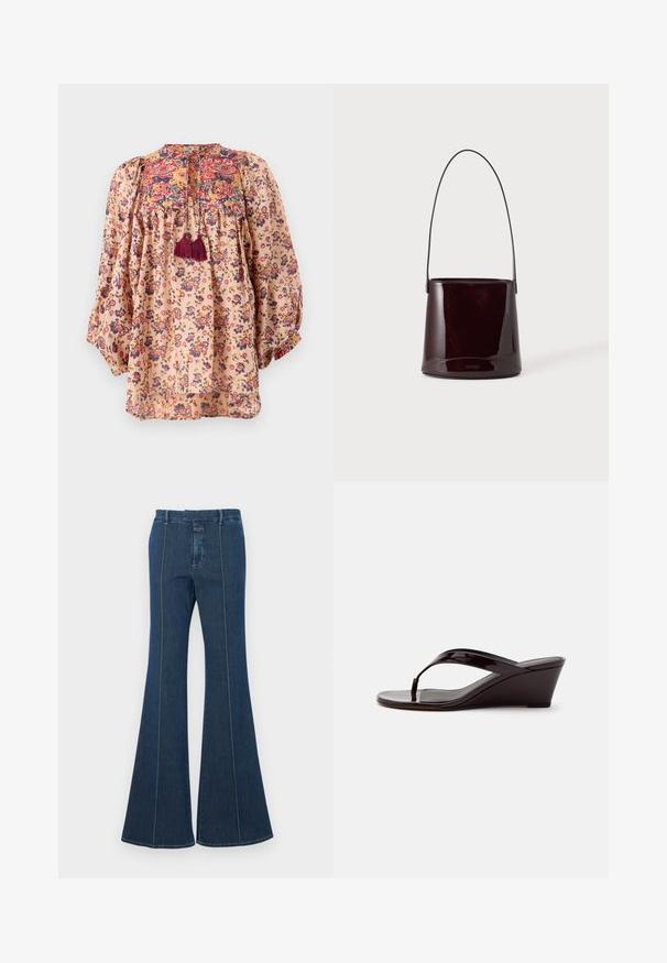 Blomstret skjorte i let, ferskenfarvet stof. Har puffede ærmer, broderet halsudskæring og kvastdetaljer. Farverige blomstermønstre over det hele.; Mørkeblå denim flare bukser med strukturerede sømme og en ren finish. Har en mellem-høj talje og brede, svungne ben.; Brun patentlæder kile-sandal med tåremme og åben tå, vist i sideprofil på en ensfarvet baggrund.; Mørkebrun blank spandtaske med lang tynd rem og minimal synlig syning på en lys baggrund.