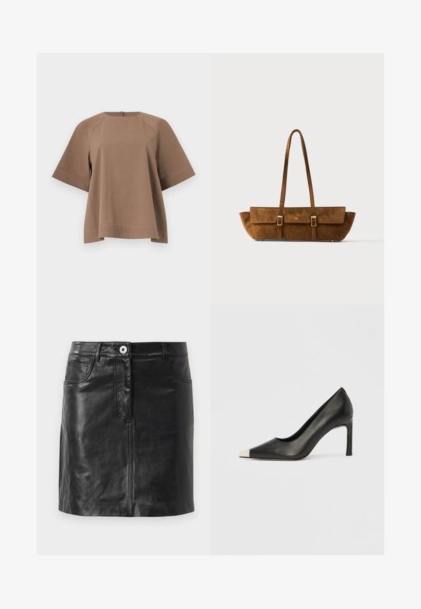 Brun løstsiddende top med korte ærmer, vide ærmer og rund halsudskæring, vist fladt mod en lys baggrund.; Weekend Max Mara HULL - Pencil skirt - nero; Sort læder højhælet sko med spids tå og metal-sølv hætte. Har en glat finish og en slank hæl på 10 cm.; Brun håndtaske i krokodilleteksturlæder med to frontspænder og lange skulderstropper på en ensfarvet baggrund.