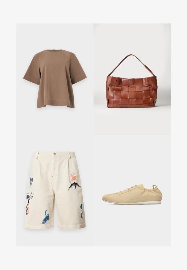 Haut marron à manches courtes et coupe ample, avec des manches larges et un col rond, présenté à plat sur un fond clair.; Shorts en coton beige avec des motifs brodés colorés, comprenant un soleil, des oiseaux et divers animaux. Ceinture structurée avec un bouton à l'avant.; Baskets basses en cuir beige à lacets sur le devant, col élastique, languette de traction au talon et semelle blanche rainurée sur fond uni.; Sac à main en cuir marron avec de larges lanières tissées et une seule bandoulière sur un fond clair uni.