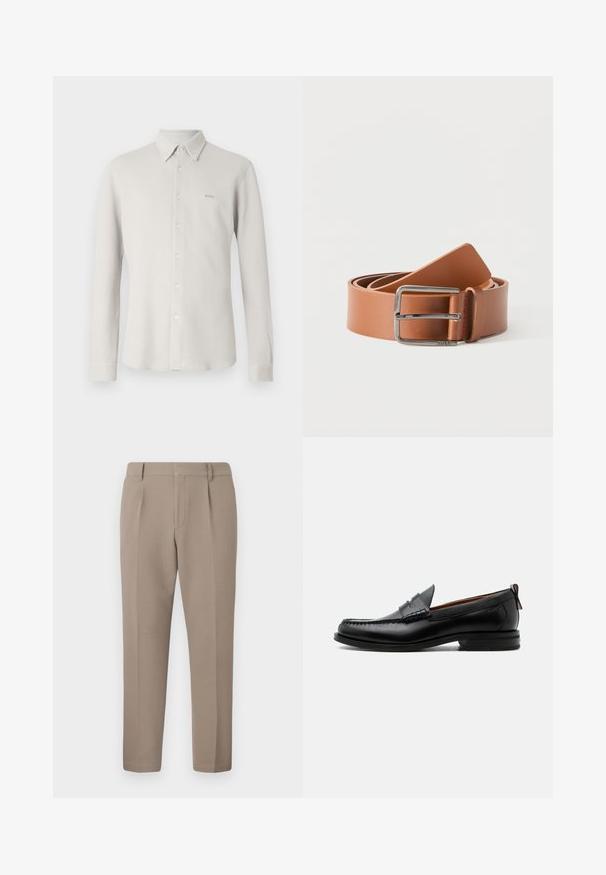 Chemise gris clair boutonnée avec un tissu texturé, col et manches longues ; présente un logo "BOSS" subtil sur la poitrine.; Pantalon en tissu marron clair avec une texture lisse, présentant un design ajusté, des plis à l'avant et une coupe slim, s'arrêtant aux chevilles.; Mocassin homme en cuir noir avec couture moc toe, bride penny, col texturé et petit talon empilé sur fond blanc.; Ceinture en cuir marron clair enroulée avec une boucle métallique rectangulaire argentée brillante sur fond blanc.