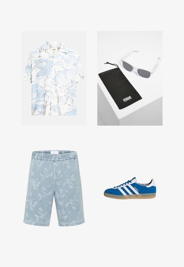 Camisa de manga corta con botones, con patrones abstractos en tonos azul claro, blanco y gris que recuerdan a nubes, sobre tela texturizada.; Pantalones cortos de mezclilla azul claro con un sutil patrón floral, cinturilla elástica y corte recto. Sin bolsillos visibles.; Zapatilla Adidas Gazelle azul y blanca con suela de goma y tres franjas blancas, vista desde un lado sobre un fondo blanco.; Gafas de sol de plástico blanco con lentes grises, junto a un estuche de tela negra que presenta un logotipo en letras en negrita de "URBAN CLASSICS" en blanco.