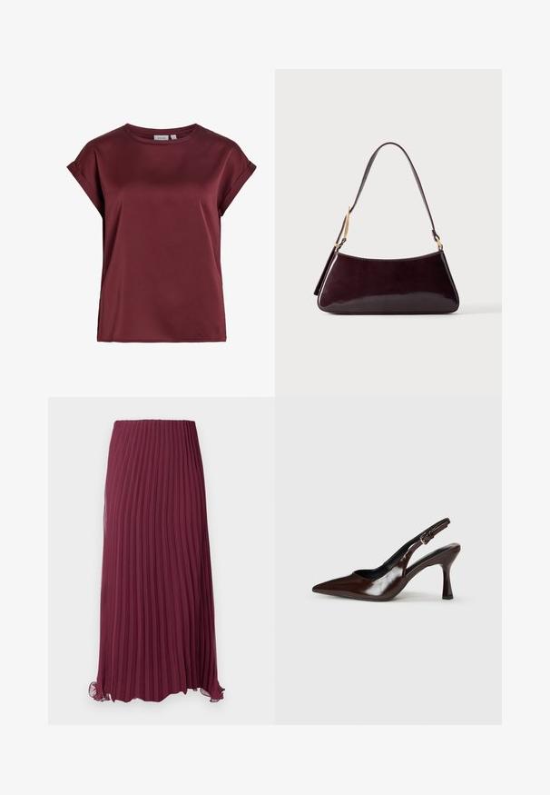 Blusa burdeos de manga corta y cuello redondo, con puños remangados y una textura de tela suave y ligeramente brillante.; Larga falda de color burdeos con pliegues, hecha de un tejido ligero, con una cintura elástica y un dobladillo ligeramente rizado. Pliegues verticales texturizados en toda la prenda.; Zapatos de tacón slingback de charol marrón con punta afilada, tacón delgado y correa ajustable con una pequeña hebilla.; Bolso de cuero marrón oscuro y brillante con una sola correa de hombro y detalles en hardware de tono dorado sobre un fondo liso.
