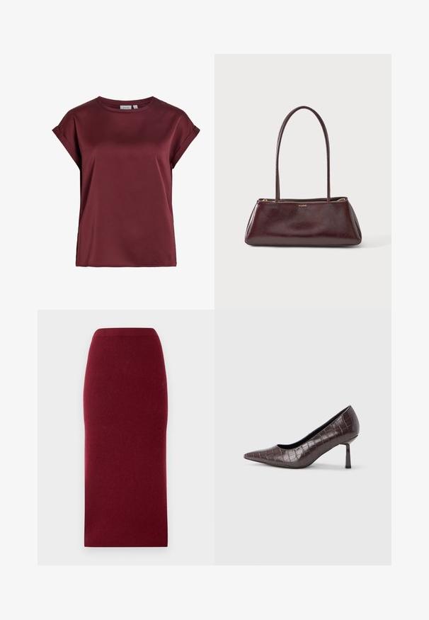 Bordeauxrote Bluse mit kurzen Ärmeln und rundem Ausschnitt, aufgerollten Manschetten und glatter, leicht glänzender Stoffstruktur.; Burgunderfarbene Strick-Midi-Rock mit einer taillierten Silhouette, glatter Textur und einem Bund. Keine sichtbaren Nähte oder Muster. Einheitliche Farbe durchgängig.; Braune Pumps mit spitz zulaufender Spitze aus Kunstleder in Krokodiloptik, mit schlankem, eckigem Absatz und glatter Innenfütterung.; Dunkelbraune rechteckige Lederhandtasche mit langen dünnen Trägern und goldenem Reißverschluss, vorne mittig mit ALDO-Logo.