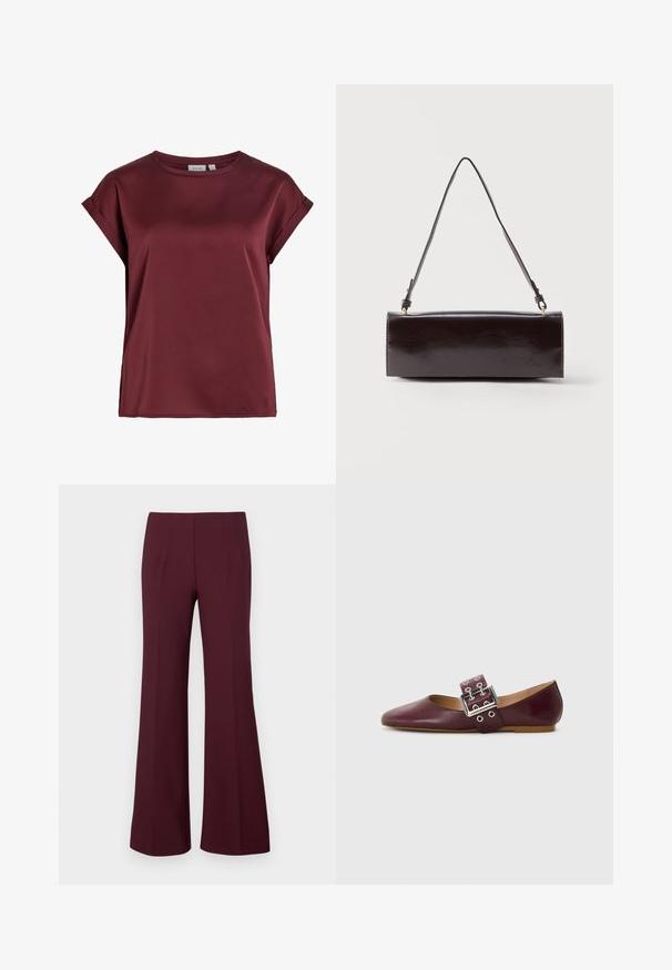Blusa burdeos de manga corta y cuello redondo, con puños remangados y una textura de tela suave y ligeramente brillante.; Pantalones acampanados de talle alto en burdeos, con pinzas delanteras y un corte entallado, exhibidos sobre un fondo blanco.; Bailarinas de cuero burdeos con punta afilada, tira ancha con hebilla plateada y múltiples agujeros, suela plana, textura suave.; Bolso rectangular de cuero negro con una sola correa larga y acabado brillante, exhibido sobre un fondo blanco liso.