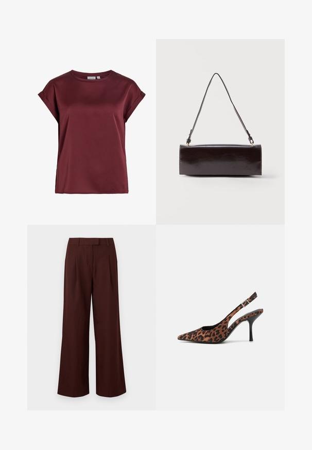 Bordeauxrode blouse met korte mouwen en ronde hals, met opgerolde manchetten en een gladde, licht glanzende stoftextuur.; Wijde, high-waist broek in donkerbruin met riemlussen en voorplooien, afgebeeld tegen een effen witte achtergrond.; Slingback hoge hakken met luipaardprint, een spitse neus, zwarte glanzende hak en verstelbare enkelband. Zacht materiaal met een gestructureerde afwerking.; Rechthoekige zwarte leren handtas met een enkele lange schouderband en een glanzende afwerking, weergegeven tegen een effen witte achtergrond.