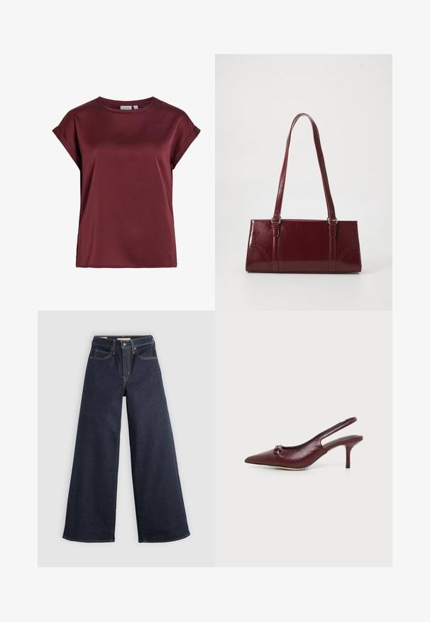 Kortærmet, rundhalset bluse i burgunderfarve med opsmøgede manchetter og en glat, let skinnende stoftekstur.; Bredde ben denim jeans i mørkeblå med kontrastsyninger. Har det traditionelle fem-lomme design og en knaplukning ved taljen.; Bourgogne læder slingback pumpe med spids tå, lav stilet hæl og lille knudedetalje foran, vist på ensfarvet baggrund.; Bordeaux håndtaske lavet af glansfuldt materiale, rektangulær form, med to skulderremme og subtile buede detaljer på forsiden.