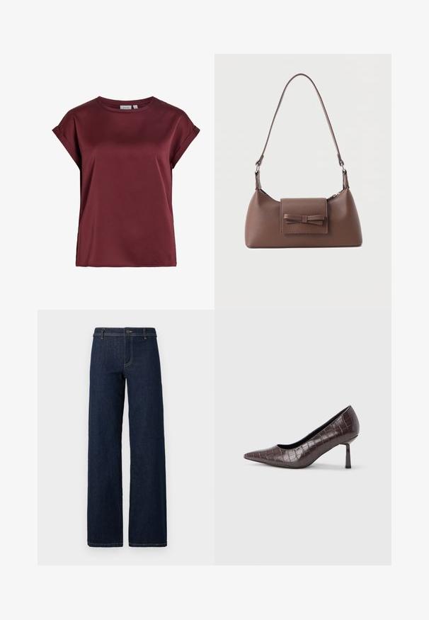 Bordeauxrote Bluse mit kurzen Ärmeln und rundem Ausschnitt, aufgerollten Manschetten und glatter, leicht glänzender Stoffstruktur.; Weite, dunkelblaue Jeans mit klassischem Fünf-Taschen-Design, aus Denim gefertigt, mit goldenen Nähten und einem Knopfverschluss an der Taille.; Braune Pumps mit spitz zulaufender Spitze aus Kunstleder in Krokodiloptik, mit schlankem, eckigem Absatz und glatter Innenfütterung.; Braune Leder-Umhängetasche mit einer vorderen Klappentasche, die ein gestepptes Schleifendetail und einen verstellbaren Riemen aufweist.