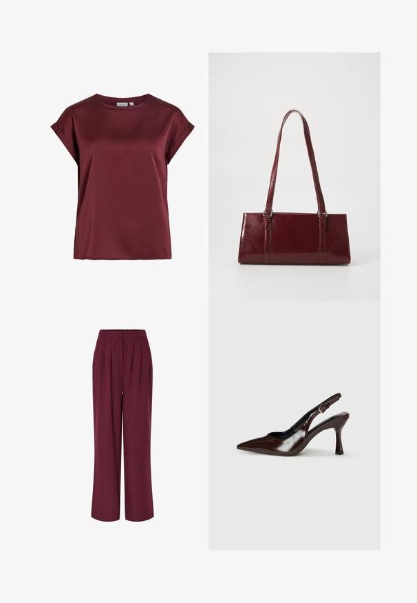 Bordeauxrode blouse met korte mouwen en ronde hals, met opgerolde manchetten en een gladde, licht glanzende stoftextuur.; Broek met hoge taille en wijde pijpen in donker bordeaux met plooien aan de voorkant en een verborgen vooraanrits.; Bruine gepatineerde leren slingback pumps met een spitse neus, een dunne hak en een verstelbaar bandje met een kleine gesp.; Bourgondische handtas van glanzend materiaal, rechthoekige vorm, met twee schouderbanden en subtiele gebogen accenten aan de voorkant.