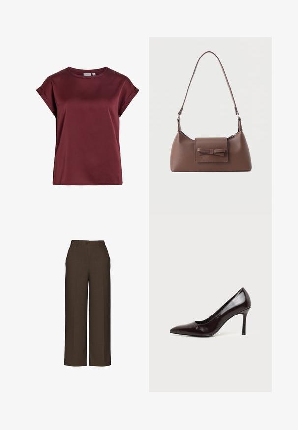 Blouse bordeaux à manches courtes et col rond, avec des poignets retroussés et une texture de tissu lisse légèrement brillante.; Pantalons larges marron en tissu texturé, avec une fermeture à bouton, une taille structurée et des plis repassés à l'avant.; Chaussure à talon haut en cuir noir à bout pointu avec un talon aiguille fin sur un fond clair uni.; Sac à bandoulière en cuir marron avec une poche à rabat avant ornée d'un détail en forme de nœud cousu et une sangle réglable.