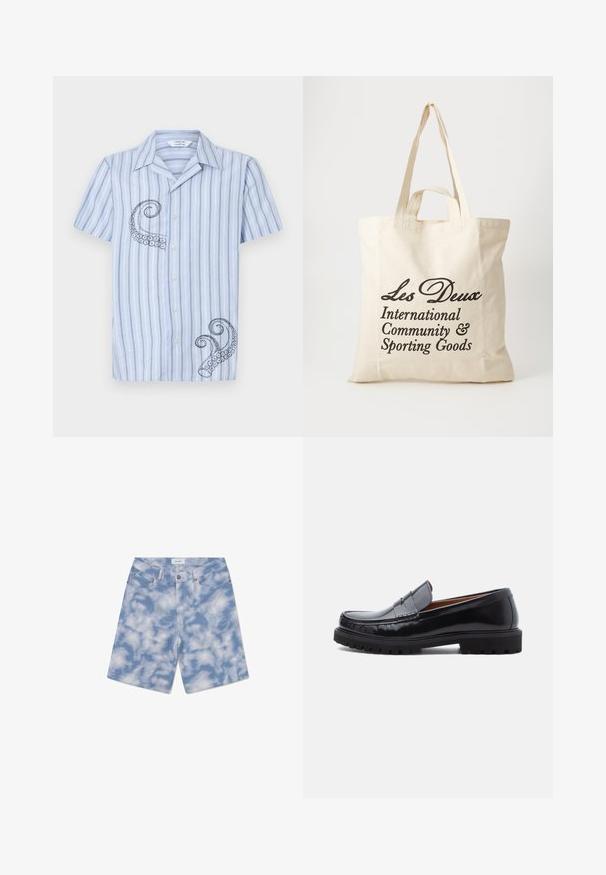 Kortærmet, lyseblå stribet skjorte med sort blæksprutte broderi på venstre side og knaplukning fortil.; Lys blå denim shorts med et sky mønster. Lavet af bomuld, de har et klassisk fem-lomme design og en knaplukning.; Sorte læder penny loafer med chunky gummisål og moc toe syninger, vist i profil på en hvid baggrund.; Beige bomulds tote bag med to kraftige håndtag. Har sort trykt tekst: "Les Deux International Community & Sporting Goods."