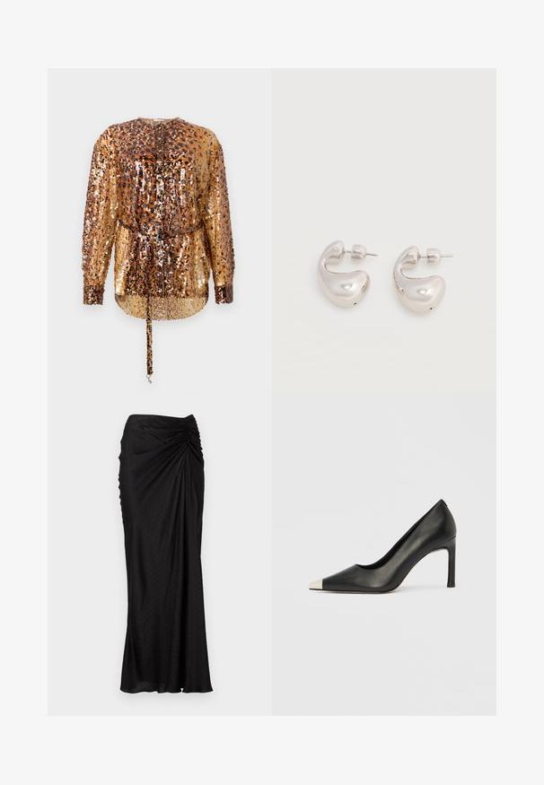 Rabanne Blouse - hairy/brown/black; Zwarte midi rok van soepel materiaal met een gedrapeerd ontwerp, gestructureerde stippen en gerimpelde details bij de taille.; Zwarte leren hoge hak met een spits toelopende neus en een metalen zilverkleurige kap. Heeft een gladde afwerking en een slanke hak van 10 cm.; Een paar glanzende zilveren dikke oorringen met een steker en druksluitingen op een effen witte achtergrond.