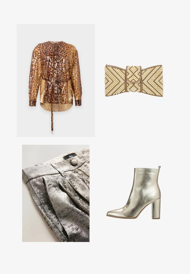 Rabanne Bluse - hairy/brown/black; Grå metalisk stofbukser med plisseret design, der har et taljebånd og en knaplukning. Glat overflade med en reflekterende glans.; Metallic guld ankelstøvle med spids tå, glat tekstur og en chunky høj hæl. Har en løkke bagpå for nem påtagning.; Clutch taske formet som en sløjfe, dekoreret med guldkugler og cremefarvede perler i geometriske mønstre på en hvid baggrund.