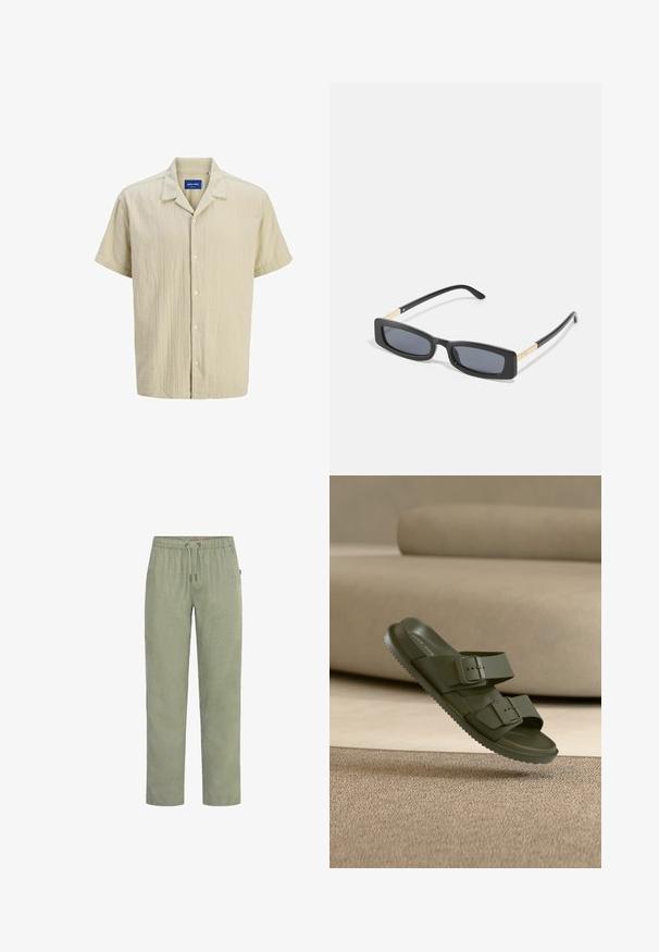 Chemise à manches courtes, à boutons, de couleur beige, fabriquée en tissu texturé. Présente un col et un devant uni avec cinq boutons.; Pantalon vert clair à jambes droites avec taille élastique et cordon de serrage, fabriqué en tissu doux.; Sandale à glissière vert olive avec deux brides réglables à boucle flottant au-dessus d’un tapis beige et d’un canapé dans un intérieur minimaliste.; Lunettes de soleil noires rectangulaires avec des verres foncés. Les branches fines et plates présentent un accent doré. Monture en plastique lisse avec une finition mate.