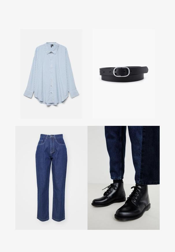 Lichtblauw-wit verticaal gestreept overhemd met lange mouwen, een kraag en een afgeronde zoom, plat uitgestald op een witte achtergrond.; Donkerblauwe denim jeans met een hoge taille, rechte pijpen, vijf zakken en contrasterende stiksels. Klassiek design met een soepele textuur.; Zwarte leren enkellaarzen met ronde neuzen, een vetersluiting, zilveren veteroogjes en getextureerde zolen, gecombineerd met donkerblauwe spijkerbroeken.; Zwarte leren riem met een gladde textuur, ovaal zilveren metalen gespsluiting en meerdere verstelgaten langs de band. Platte, minimalistische uitstraling.