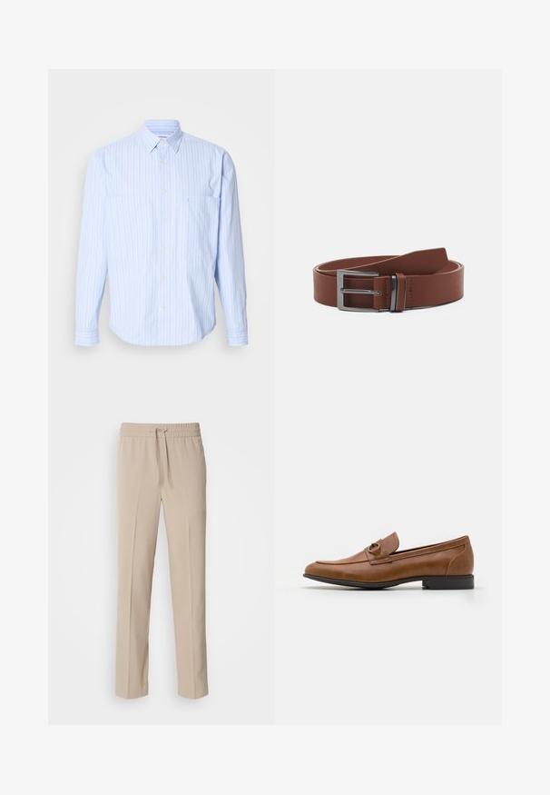 Camisa de botón azul claro con rayas verticales en blanco y colores pastel, fabricada en algodón suave, con dos bolsillos en el pecho y mangas largas.; Pantalones beige de corte relajado, hechos de una tela suave, con una cinturilla elástica y cordón ajustable, y piernas rectas con acentos mínimos.; Mocasines de cuero marrón con tacón plano, que cuentan con un acento metálico decorativo en la parte delantera, diseño elegante y textura suave.; Cinturón de cuero marrón con una textura suave, que presenta una hebilla de metal plateado y un diseño minimalista. El cinturón tiene un extremo redondeado y costuras precisas.
