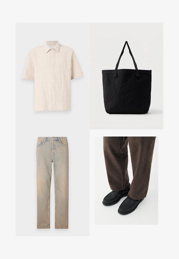 Kortærmet, lys beige skjorte med et rutenetmønster i blødt brunt, knap-front design og klassisk krave. Glat stoftekstur.; Lys beige denim jeans med lige snit. Har fem lommer, en knaplukning og diskret falmning langs stoffets overflade.; Sorte lædersko med glat finish, rundet tå og snøredesign, kombineret med teksturerede brune bukser. Set fra gulvniveau.; Sort canvas-tote-taske med to skulderstropper og et diskret præget cirkeldesign på fronten.