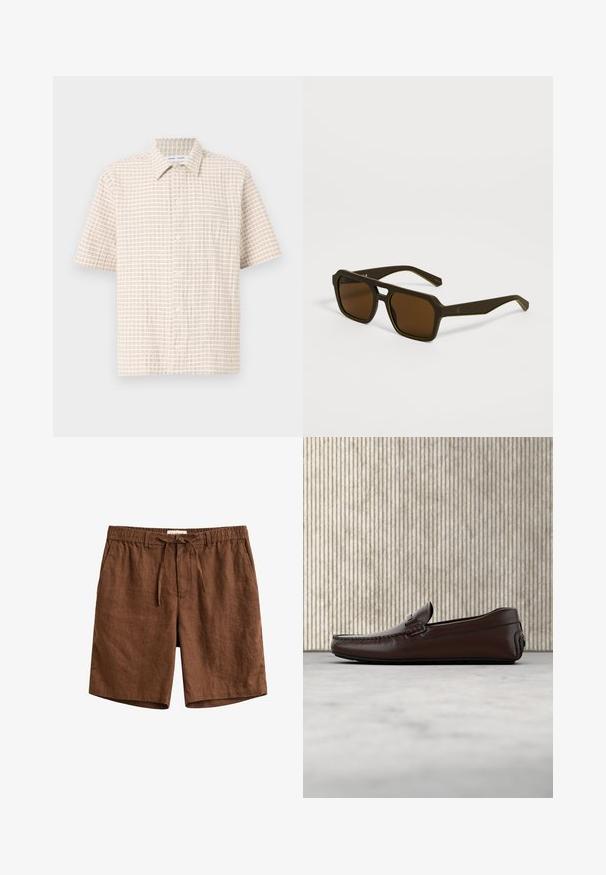 Chemise à manches courtes de couleur beige clair, ornée d'un motif en grille de couleur marron doux, avec des boutons à l'avant et un col classique. Texture du tissu lisse.; Short en lin marron avec taille élastique, cordon de serrage, passants pour ceinture et poches latérales.; Mocassins en cuir marron avec une finition lisse, des coutures de style mocassin, un bout rehaussé et une semelle en caoutchouc basse et flexible.; Lunettes de soleil carrées brun foncé avec des montures épaisses et des branches légèrement inclinées reposant sur une surface gris clair.