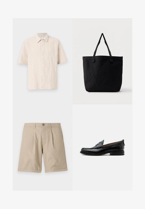 Kurzärmliges, hellbeiges Hemd mit einem Gittermuster in sanftem Braun, knopfbarem Design und klassischem Kragen. Glatte Stofftextur.; Beige Leinen-Shorts mit geradem Schnitt, vorn mit Abnähern, Knopfverschluss und Umschlag am Saum. Glatte Textur mit minimalistischem Design.; Schwarzer Leder-Herrenschuh mit Mokassinnaht, Penny-Riemen, strukturiertem Kragen und niedrigem gestapeltem Absatz auf weißem Hintergrund.; Schwarze Canvas-Shopper-Tasche mit zwei Schulterriemen und einem dezenten, eingeprägten kreisförmigen Design auf der Vorderseite.