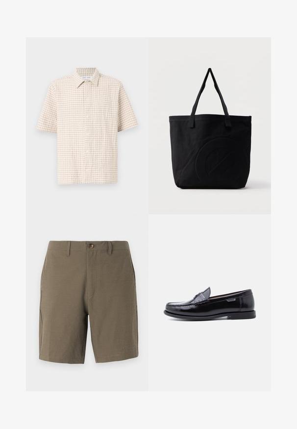 Kurzärmliges, hellbeiges Hemd mit einem Gittermuster in sanftem Braun, knopfbarem Design und klassischem Kragen. Glatte Stofftextur.; Olivgrüne Shorts aus strukturiertem Stoff, mit Knopfverschluss und flachem Bund, ausgestattet mit Seitentaschen für Funktionalität.; Schwarze Leder-Loafer mit glänzendem Finish, mit einer gesteppten Verzierung auf der Zehenpartie und einer niedrigen, strukturierten schwarzen Gummisohle.; Schwarze Canvas-Shopper-Tasche mit zwei Schulterriemen und einem dezenten, eingeprägten kreisförmigen Design auf der Vorderseite.