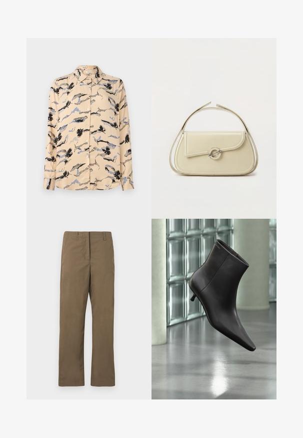 Chemise beige à manches longues avec un motif floral en noir et bleu. Elle possède un col pointu et des boutons sur le devant. Tissu à texture lisse.; Pantalons droits marron en tissu mélangé de coton. Comprend des passants de ceinture, une poche avant et une texture lisse sans motifs.; Bottine en cuir noir avec bout pointu et petit talon, présentée devant un mur en blocs de verre et un sol poli.; Sac à main en cuir crème avec rabat incurvé, fermoir circulaire en argent et poignée courte sur le dessus, sur fond blanc uni.