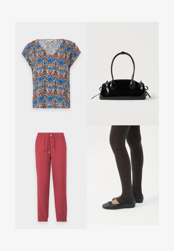 T-shirt à manches courtes avec un motif coloré et complexe, avec des accents bleus, marron, rouges et noirs sur un fond clair. Design en V.; Pantalons légers rouges, fuselés, avec une taille élastique et un cordon de serrage. Comprend des poches aux chevilles et une texture douce.; Jambes portant des leggings côtelés foncés associés à des ballerines noires avec de petits détails en nœud sur fond blanc.; Petit sac à main noir brillant avec deux longues anses et des détails à cordon sur les côtés sur un fond clair uni.